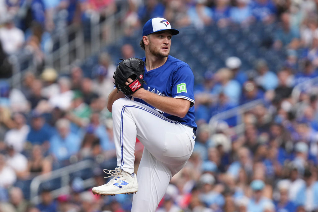 Toronto Blue Jays pitcher Trey Yesavage (39) works against Tampa Bay Rays during the first inning of a baseball game in Toronto, Saturday, Sept. 27, 2025. (Chris Young/The Canadian Press via AP)