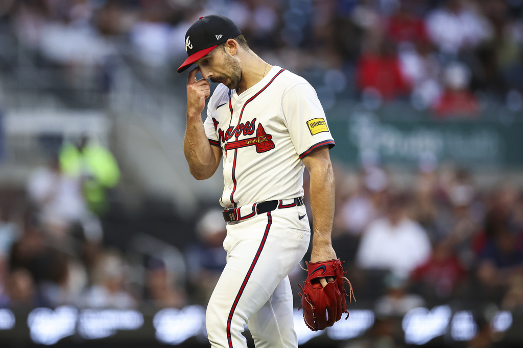 Atlanta Braves pitcher Spencer Strider reacts during the second inning of a baseball game against the Chicago White Sox, Monday, Aug. 18, 2025, in Atlanta. (AP Photo/Colin Hubbard)