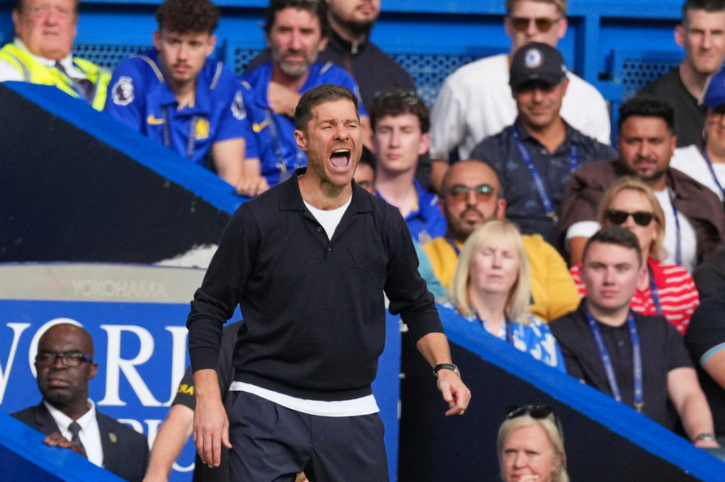 Chelsea's head coach Xabi Alonso reacts during the English Premier League soccer match between Chelsea and Hull City in London, Saturday, Sept. 12, 2026. (AP Photo/Dave Shopland)
