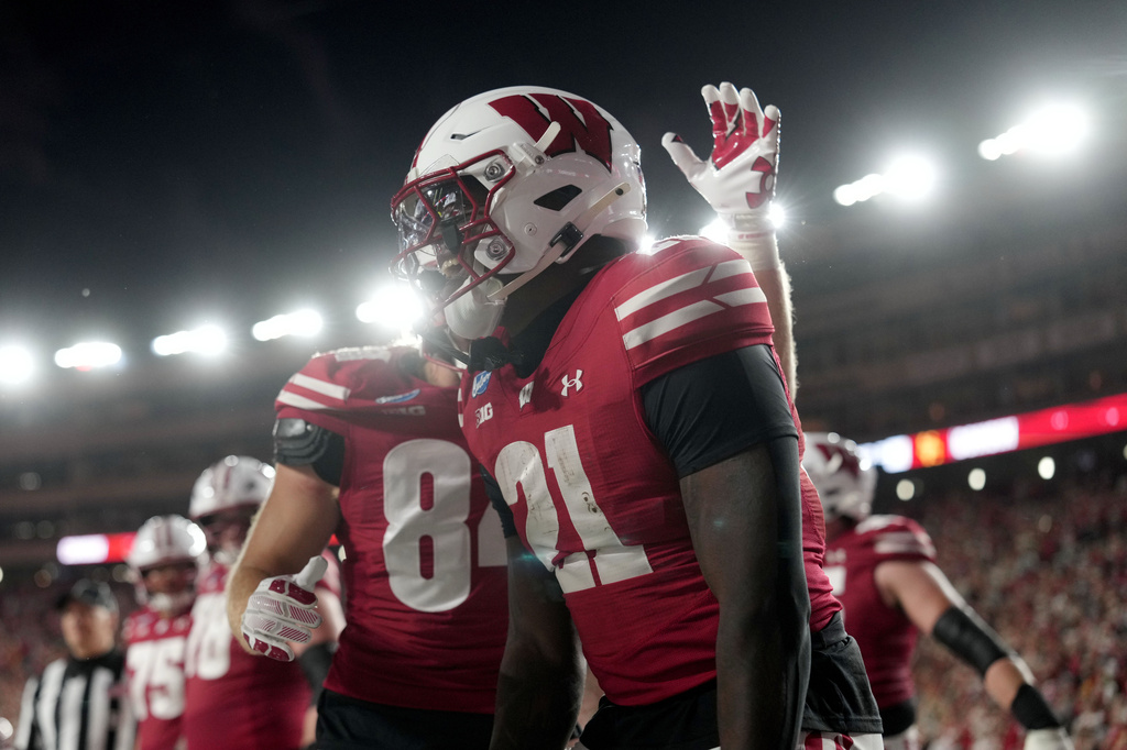 Wisconsin running back Bryan Jackson Ii (21) celebrates after a touchdown during an NCAA college football game against Southern California, Saturday, Oct. 24, 2026, in Madison, Wis. (AP Photo/Ross Harried)