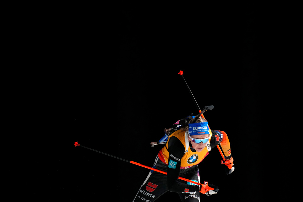 FILE - Franziska Preuss, of Germany, competes in the women's 7.5 km sprint race at the Biathlon World World Cup in Nove Mesto na Morave, Czech Republic, March. 7, 2025. (AP Photo/Petr David Josek, File)