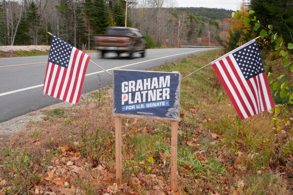 A campaign sign for Graham Platner, Democratic candidate for U.S. Senate, Monday, Nov. 3, 2025, in Sullivan, Maine. (AP Photo/Robert F. Bukaty)