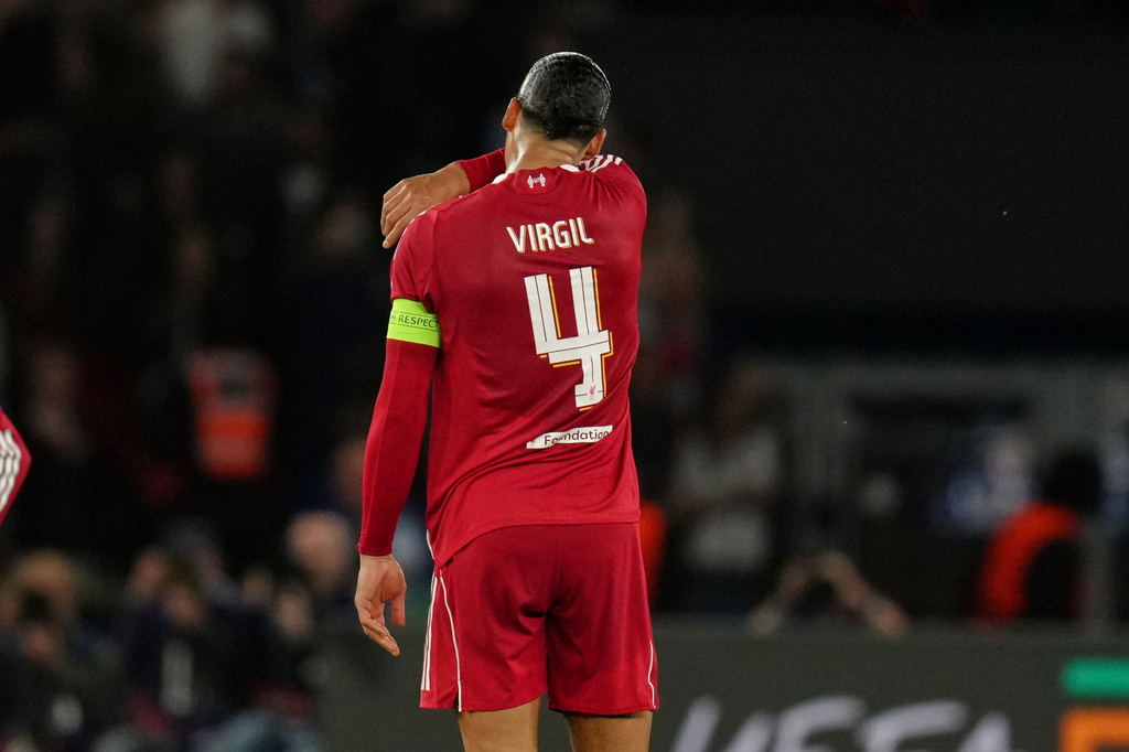 Liverpool's Virgil van Dijk stands on the pitch after the Champions League quarterfinal first leg soccer match between Paris Saint-Germain and Liverpool in Paris, Wednesday, April 8, 2026. (AP Photo/Aurelien Morissard)