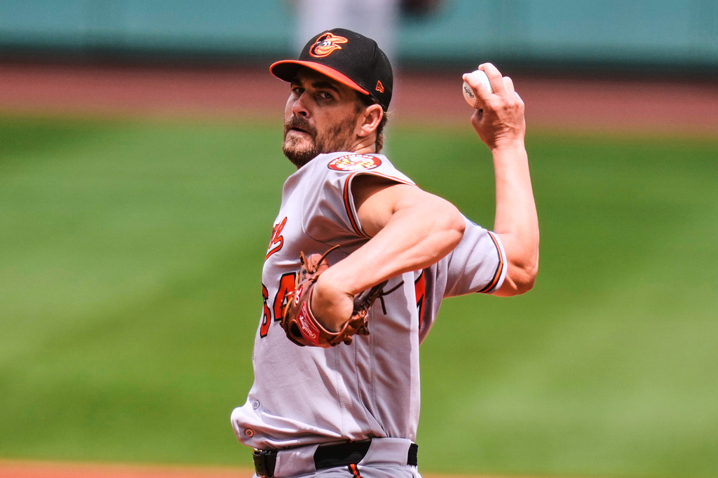 Baltimore Orioles starting pitcher Dean Kremer delivers in the first inning during the first baseball game of a doubleheader against the Boston Red Sox, Wednesday, July 22, 2026, in Boston. (AP Photo/Charles Krupa)