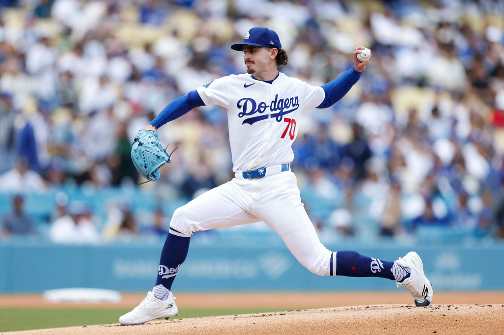 Los Angeles Dodgers starting pitcher Justin Wrobleski (70) throws during the first inning of a baseball game against the Chicago Cubs, Sunday, April 26, 2026, in Los Angeles. (AP Photo/Caroline Brehman)