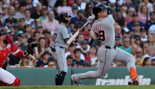 Detroit Tigers' Javier Baez hits a fourth-inning three- run home run during a baseball game against the Boston Red Sox, Sunday, Sept. 28, 2025, in Boston. (AP Photo/Jim Davis) Detroit Tigers' Javier Baez hits a fourth-inning three- run home run during a baseball game against the Boston Red Sox, Sunday, Sept. 28, 2025, in Boston. (AP Photo/Jim Davis)