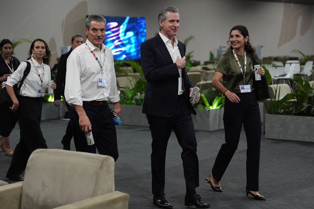 California Gov. Gavin Newsom arrives to speak with The Associated Press at the COP30 U.N. Climate Summit, Tuesday, Nov. 11, 2025, in Belem, Brazil. (AP Photo/Joshua A. Bickel)