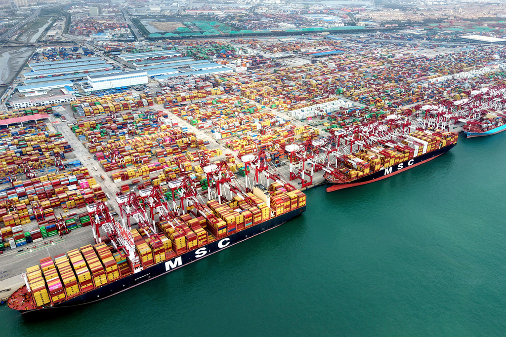 An aerial view of a container terminal in Qingdao in eastern China's Shandong province on Thursday, Oct. 9, 2025. (Chinatopix Via AP)