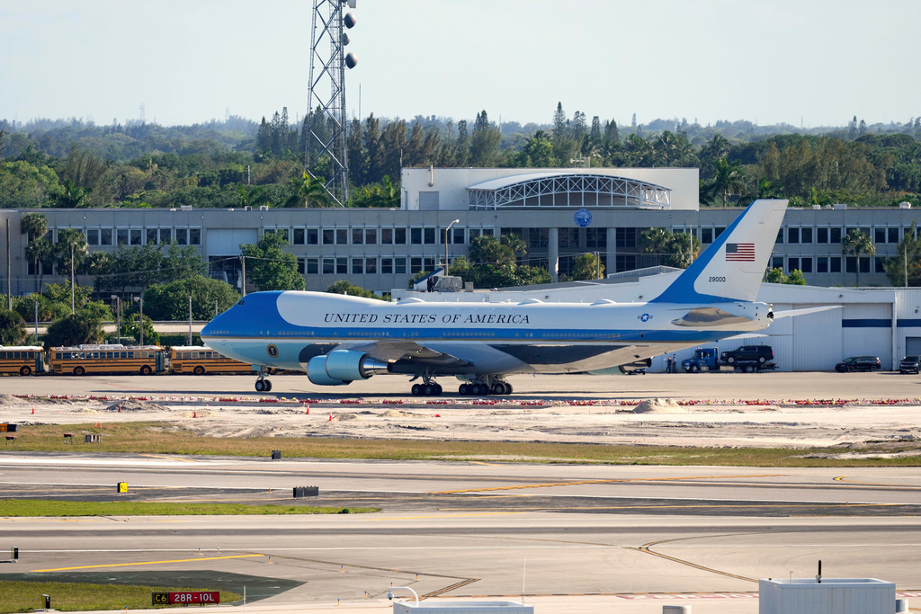 FILE - Air Force One with President Donald Trump on board departs from Palm Beach International Airport, April 6, 2025, in West Palm Beach, Fla. (AP Photo/Alex Brandon, File)