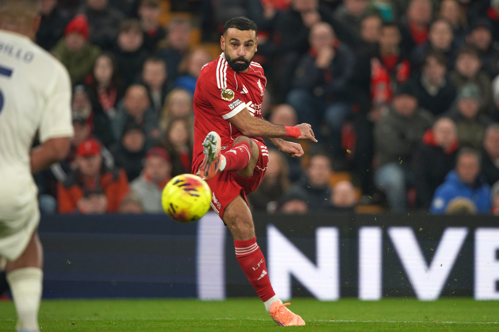 Liverpool's Mohamed Salah kicks the ball during the English Premier League soccer match between Liverpool and Nottingham Forest in Liverpool, England, Saturday, Nov. 22, 2025. (AP Photo/Ian Hodgson)