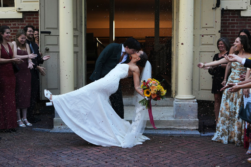 Benjamin Barger and Emily Philbrook kiss as they walk out of Arch Street Meeting House after their traditional Quaker wedding in Old City Philadelphia on Oct. 3, 2025. (AP Photo/Luis Andres Henao) Benjamin Barger and Emily Philbrook kiss as they walk out of Arch Street Meeting House after their traditional Quaker wedding in Old City Philadelphia on Oct. 3, 2025. (AP Photo/Luis Andres Henao)