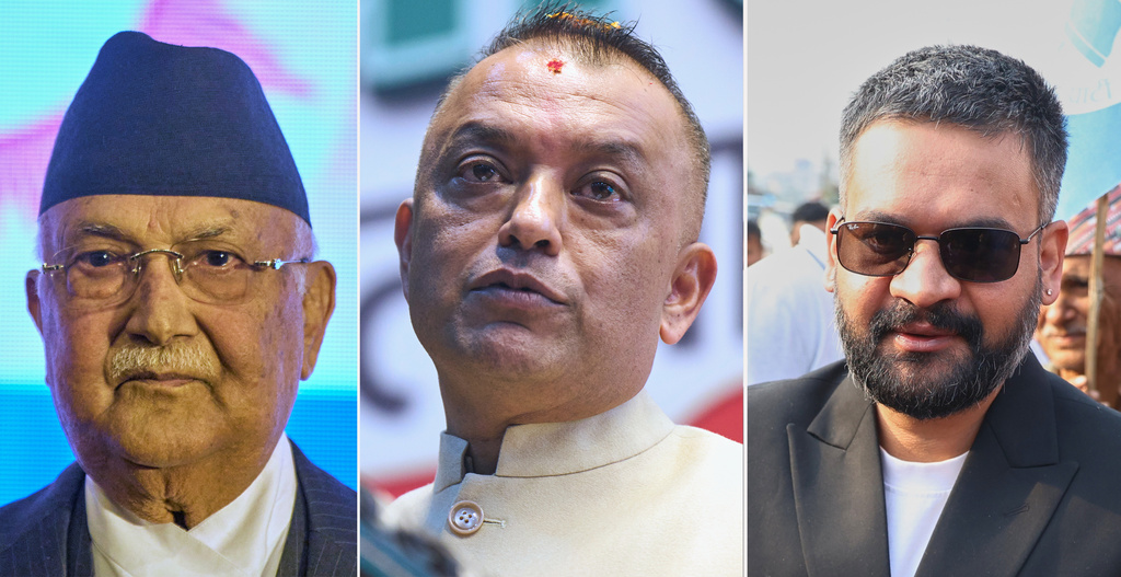 This combo of three photos show from left, Khadga Prassad Oli, president of Communist Party of Nepal (Unified Marxist–Leninist), Gagan Thapa, president of Nepali congress both taken in Katmandu, Feb.19, 2026 and former Kathmandu mayor Balendra Shah, of the Rastriya Swatantra Party, photo taken in Jhapa, Feb. 23, 2026, in Nepal. (AP Photos/Niranjan Shrestha/ Umesh Karki)