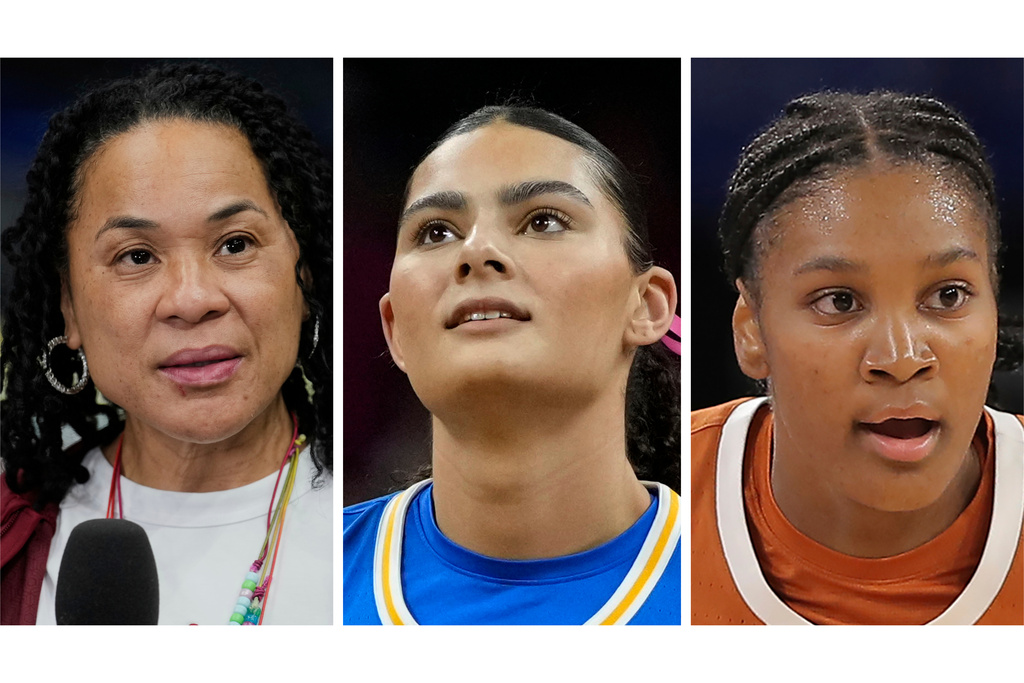 FILE - This photo combination shows, from left, South Carolina head coach Dawn Staley, April 3, 2025, in Tampa, Fla., UCLA center Lauren Betts, Feb. 23, 2025, in Iowa City, Iowa, and Texas forward Madison Booker, Nov. 17, 2024, in Chicago (AP Photo/Chris O'Meara, Charlie Neibergall, Melissa Tamez)
