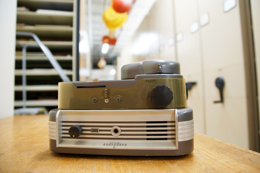 This photo provided by the Woods Hole Oceanographic Institution shows a Gray Audograph, a device used to record sound, on Feb. 4, 2026, in Woods Hole, Mass. (Rachel Mann/Woods Hole Oceanographic Institution via AP)