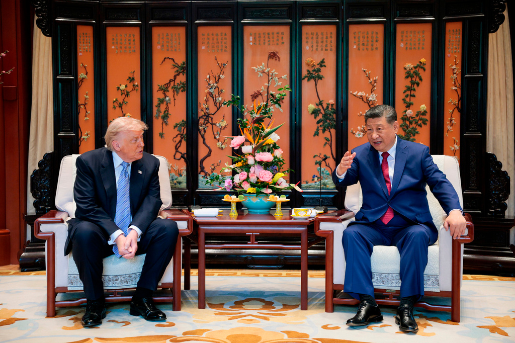 FILE - Chinese President Xi Jinping, right, speaks during a meeting with President Donald Trump on the sidelines of their visit to the Zhongnanhai Garden in Beijing, China, May 15, 2026. (Evan Vucci/Pool Photo via AP)
