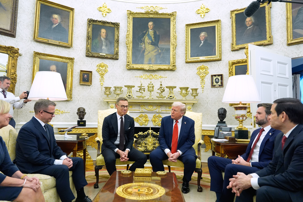 President Donald Trump and Finland's President Alexander Stubb meet in the Oval Office at the White House, Thursday, Oct. 9, 2025, in Washington. (AP Photo/Alex Brandon)