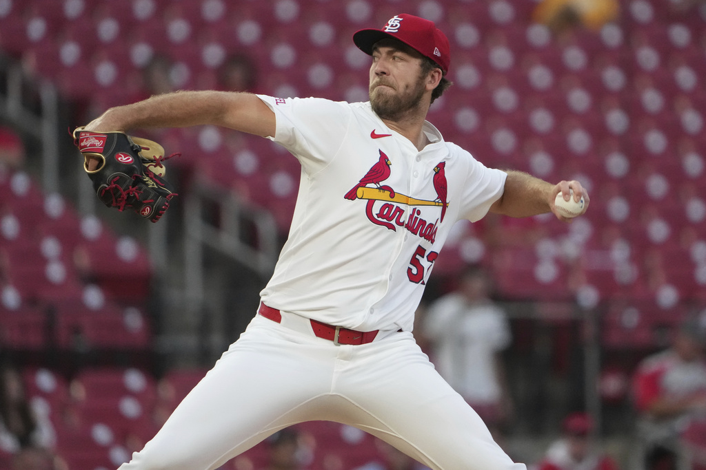 St. Louis Cardinals starting pitcher Matthew Liberatore throws during the first inning of a baseball game against the Athletics Wednesday, Sept. 3, 2025, in St. Louis. (AP Photo/Jeff Roberson)