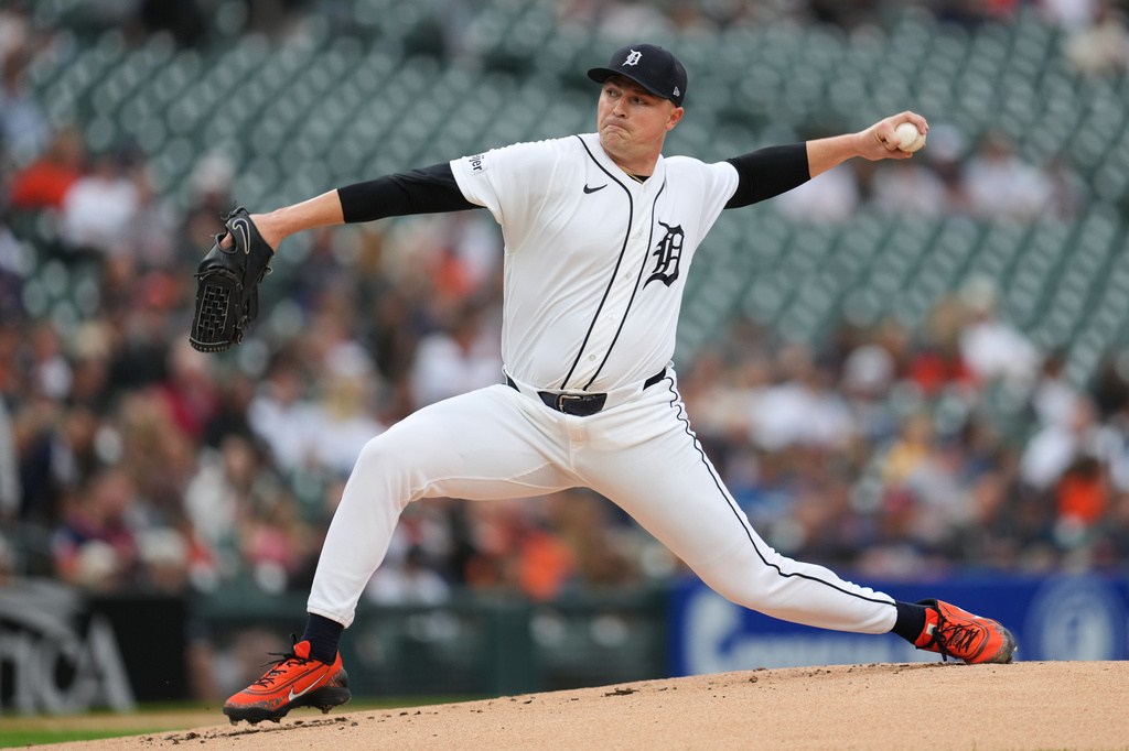 Detroit Tigers pitcher Tarik Skubal throws against the New York Yankees during the first inning of a baseball game Wednesday, June 24, 2026, in Detroit. (AP Photo/Paul Sancya)