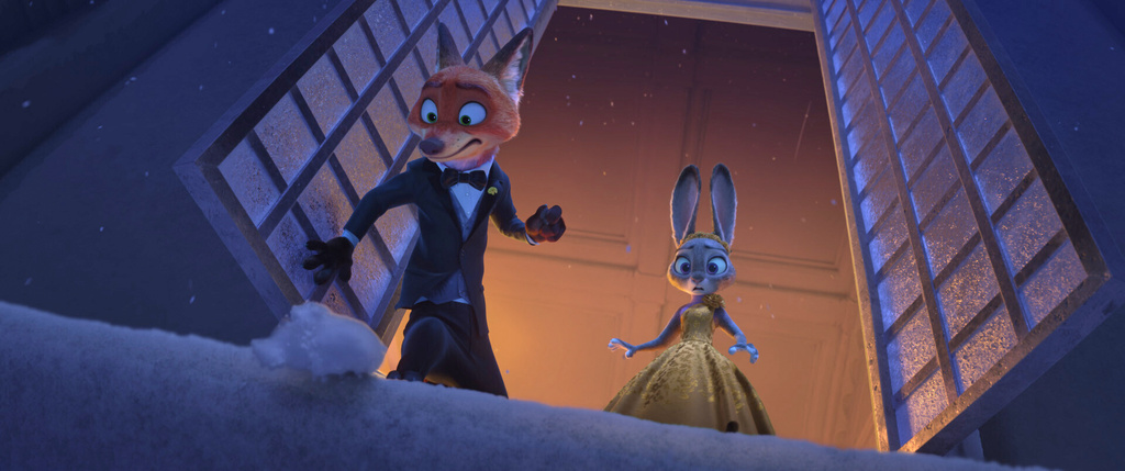 This image released by Disney shows Nick Wilde, voiced by Jason Bateman, left, and Judy Hopps, voiced by Ginnifer Goodwin, in a scene from "Zootopia 2." (Disney via AP)