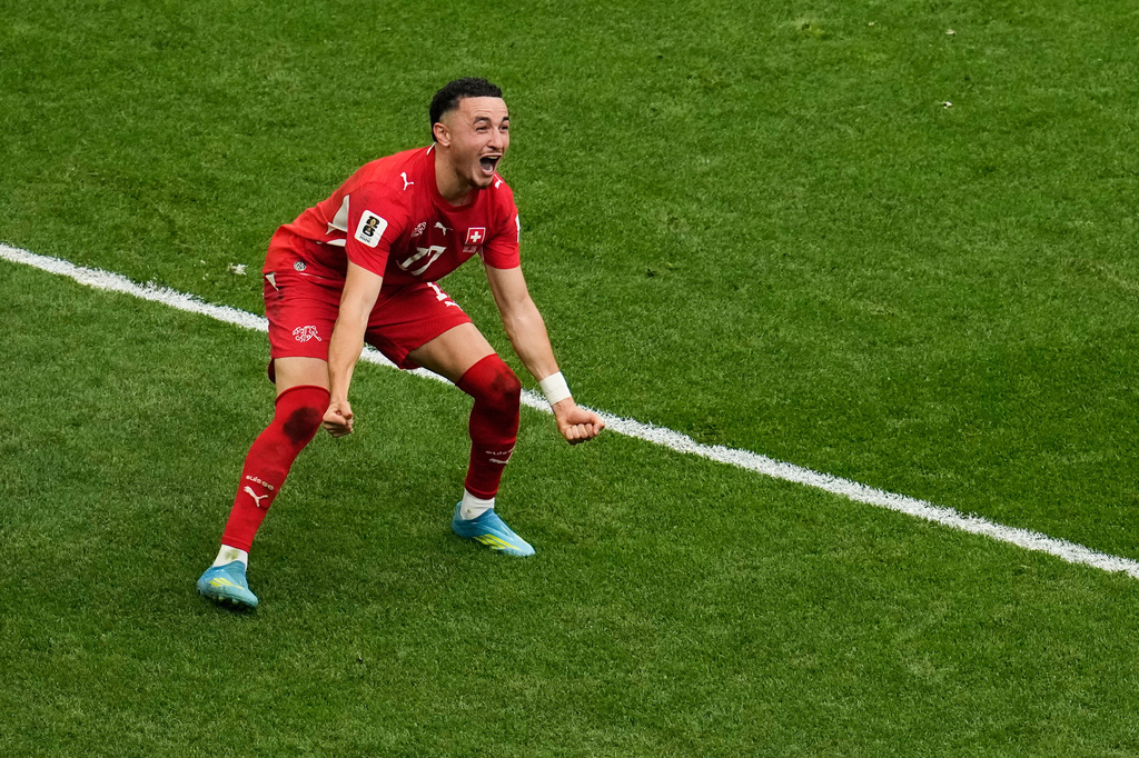 Switzerland's Ruben Vargas (17) celebrates after making the winning kick in a penalty shootout during the World Cup round of 16 soccer match between Switzerland and Colombia in Vancouver, British Columbia, Tuesday, July 7, 2026. (AP Photo/Gregory Bull)