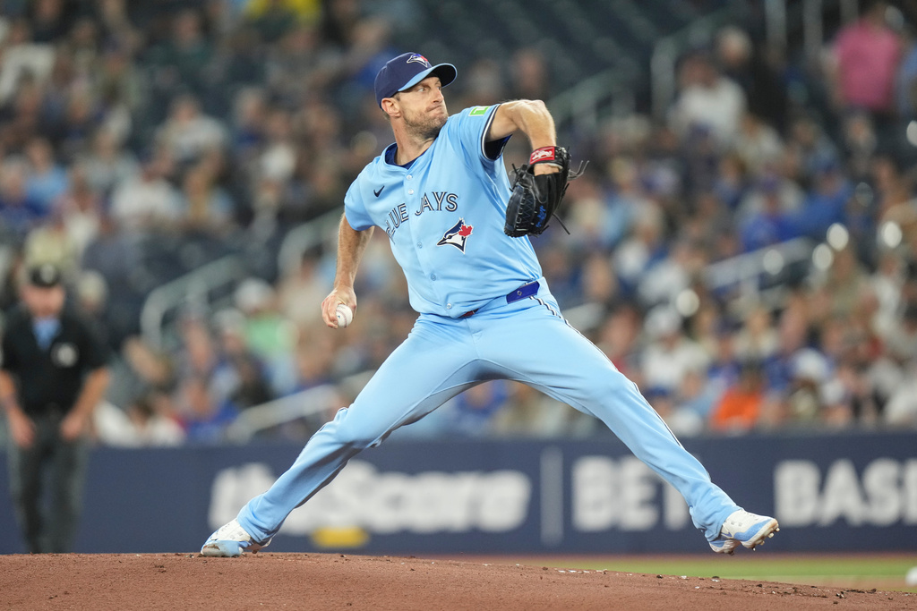 Toronto Blue Jays pitcher Max Scherzer (31) works against the Boston Red Sox during first inning MLB baseball action in Toronto on Wednesday, Sept. 24, 2025. (Chris Young/The Canadian Press via AP)
