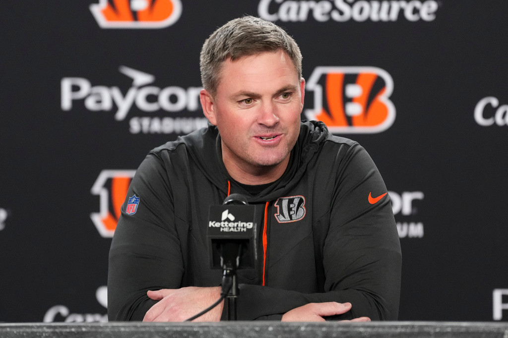 Cincinnati Bengals head coach Zac Taylor speaks during an NFL press conference, Monday, April 20, 2026, in Cincinnati. (AP Photo/Jeff Dean)