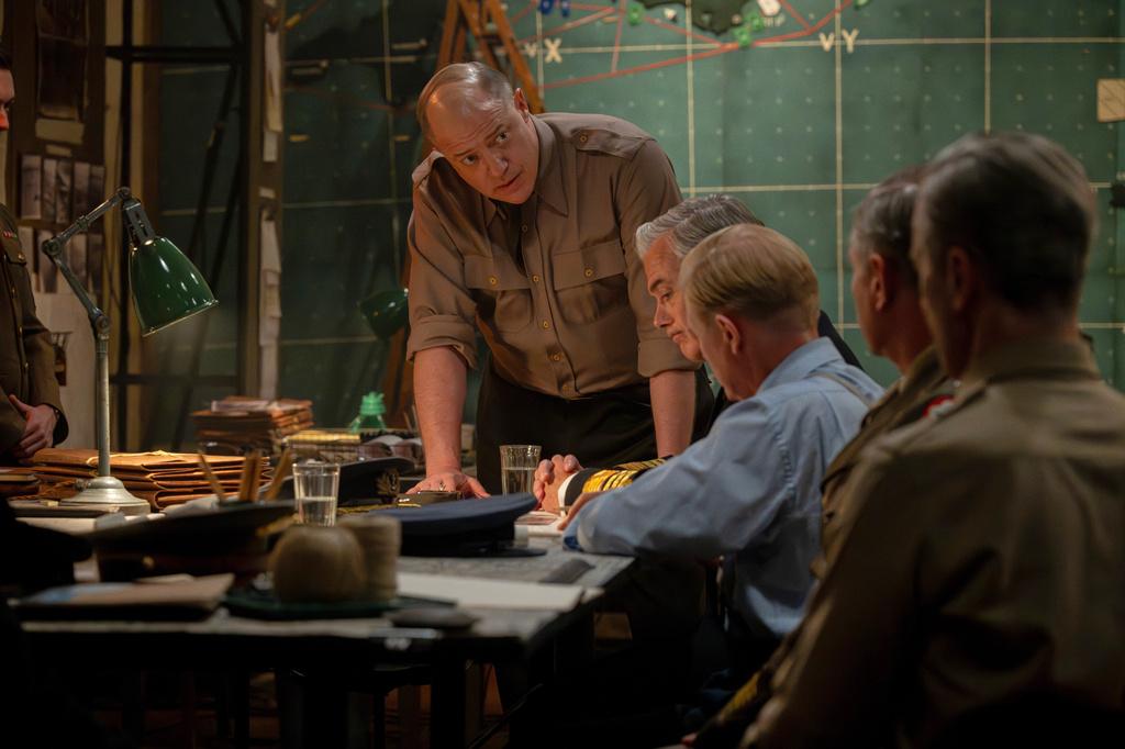 This image released by Focus Features shows Brendan Fraser, standing center, in a scene from "Pressure." (Focus Features via AP)