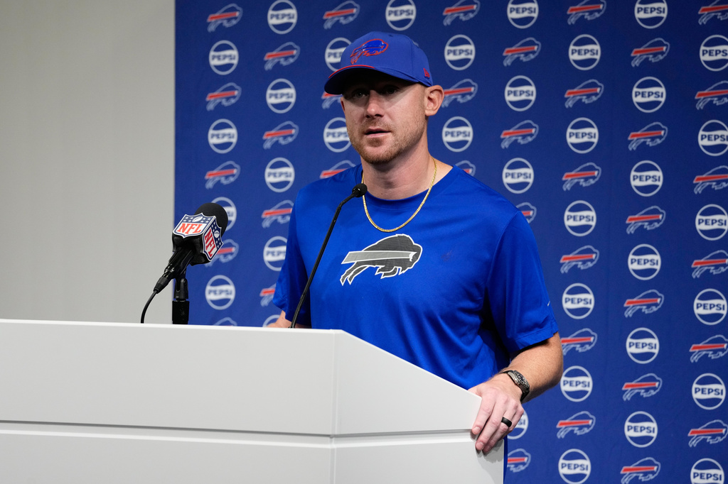 Buffalo Bills head coach Joe Brady talks to the media following an NFL football game against the Las Vegas Raiders in Las Vegas, Sunday, Oct. 18, 2026. (AP Photo/John Locher)