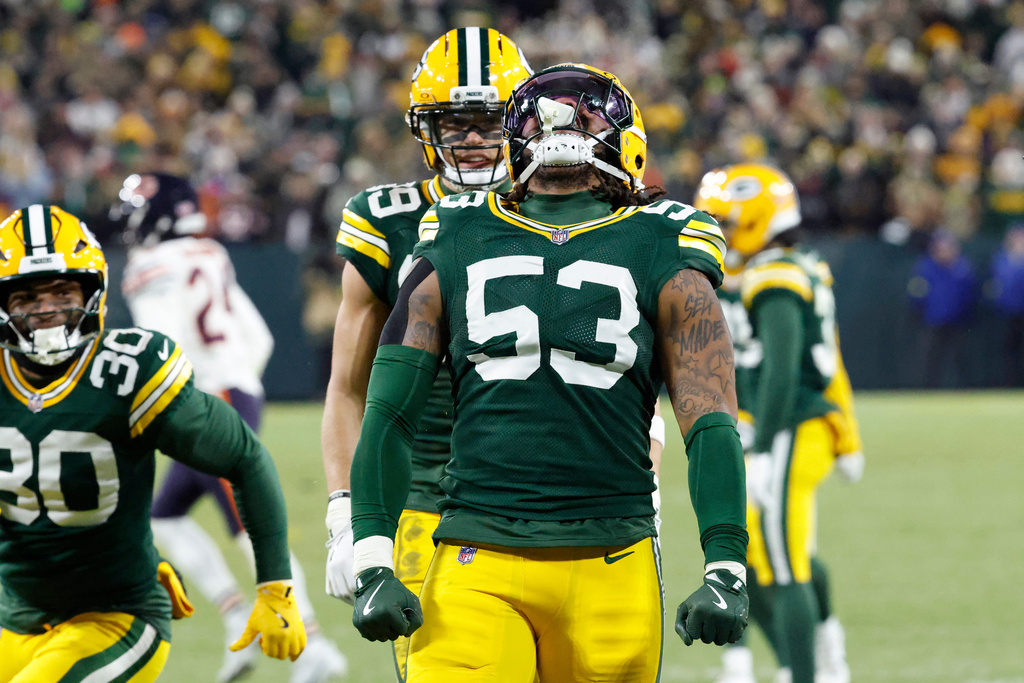Green Bay Packers defensive end Arron Mosby (53) celebrates during the second half against the Chicago Bears in an NFL football game Sunday, Dec. 7, 2025, in Green Bay, Wis. (AP Photo/Mike Roemer)