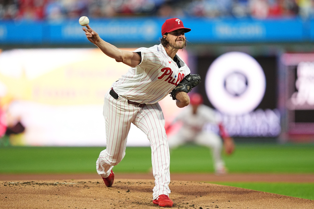 Philadelphia Phillies' Aaron Nola pitches during the first inning of a baseball game against the Milwaukee Brewers, Wednesday, Sept. 23, 2026, in Philadelphia. (AP Photo/Matt Rourke)