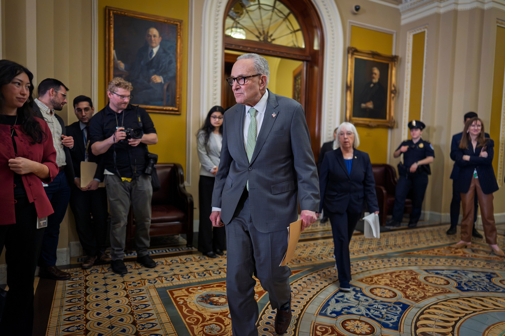 Senate Minority Leader Chuck Schumer, D-N.Y., arrives to speak with reporters at the Capitol in Washington, Tuesday, March 3, 2026. (AP Photo/J. Scott Applewhite)