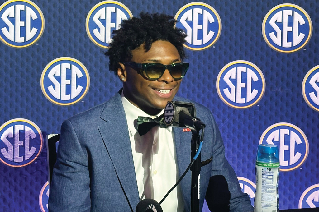 Mississippi running back Kewan Lacy speaks at the Southeastern Conference NCAA college football media days, Wednesday, July 22, 2026, in Tampa, Fla. (Hunter Dawkins/The Gazebo Gazette via AP)