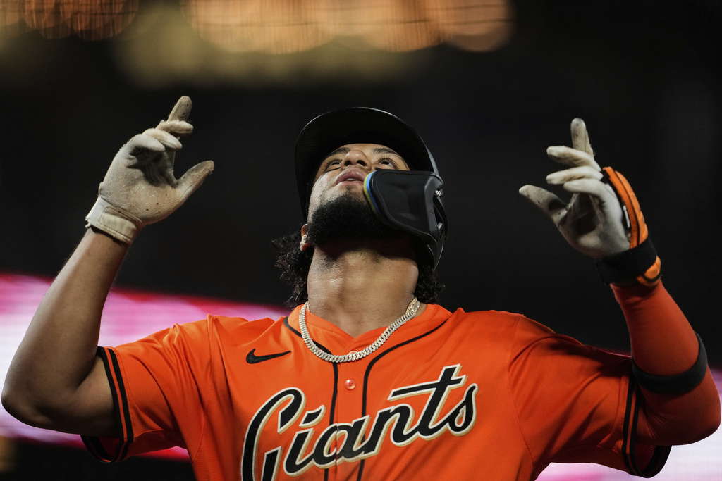 San Francisco Giants' Luis Matos celebrates after hitting a solo home run during the fifth inning of a baseball game against the Baltimore Orioles, Friday, Aug. 29, 2025, in San Francisco. (AP Photo/Godofredo A. Vásquez)