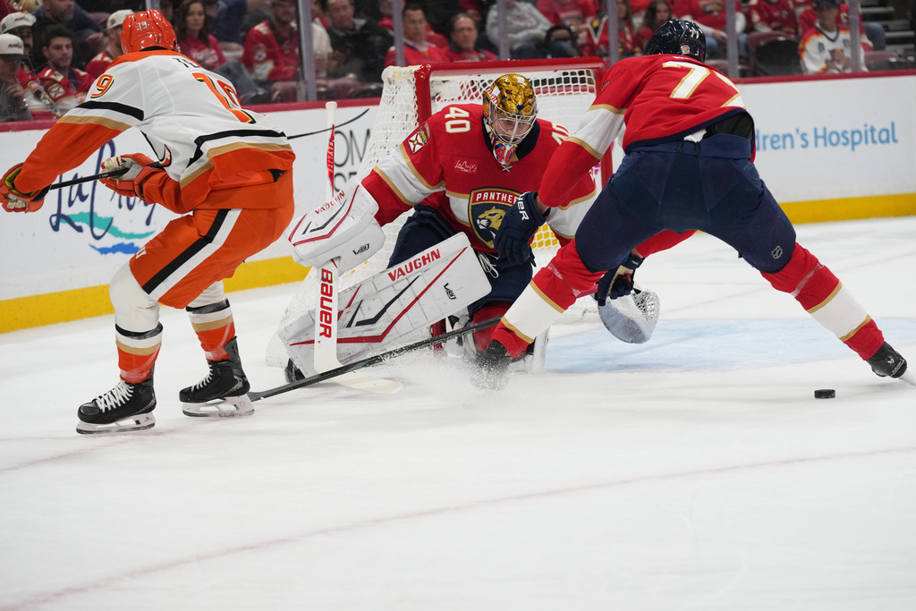 Florida Panthers goaltender Daniil Tarasov (40) defends the goal during the first period of an NHL hockey game against the Anaheim Ducks, Tuesday, Oct. 28, 2025, in Sunrise, Fla. (AP Photo/Lynne Sladky)