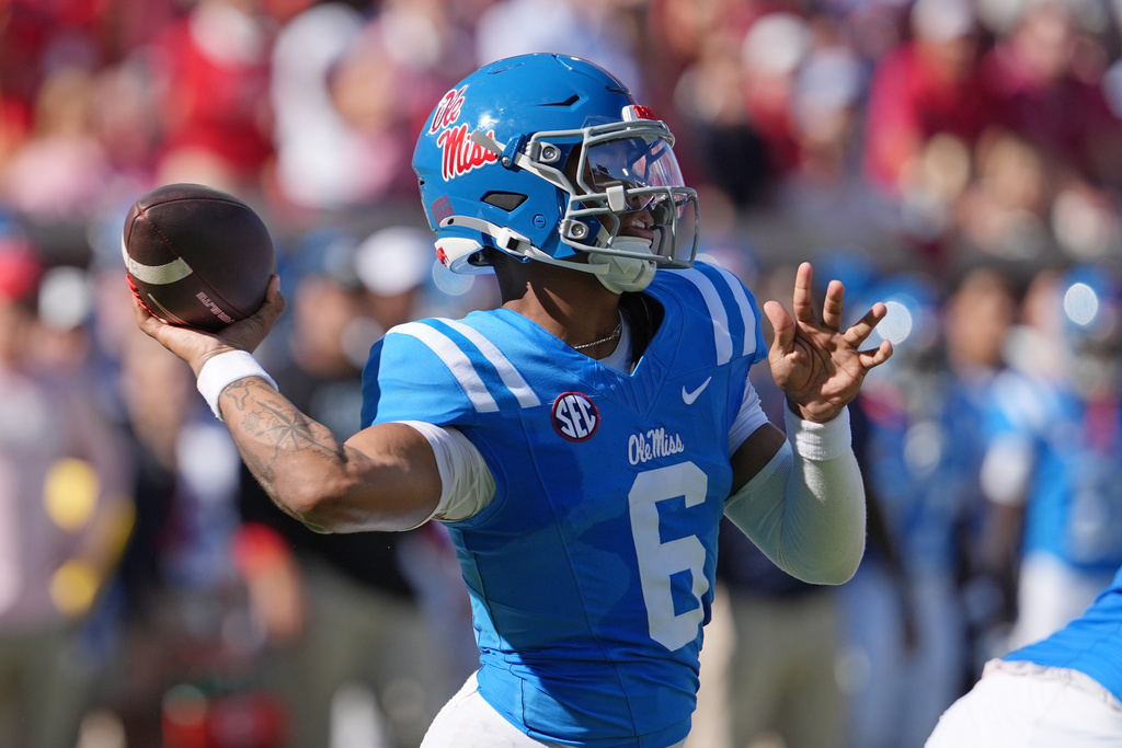 Mississippi quarterback Trinidad Chambliss (6) attempts a pass against LSU during the first half of an NCAA college football game in Oxford, Miss., Saturday, Sept. 27, 2025. (AP Photo/Rogelio V. Solis)