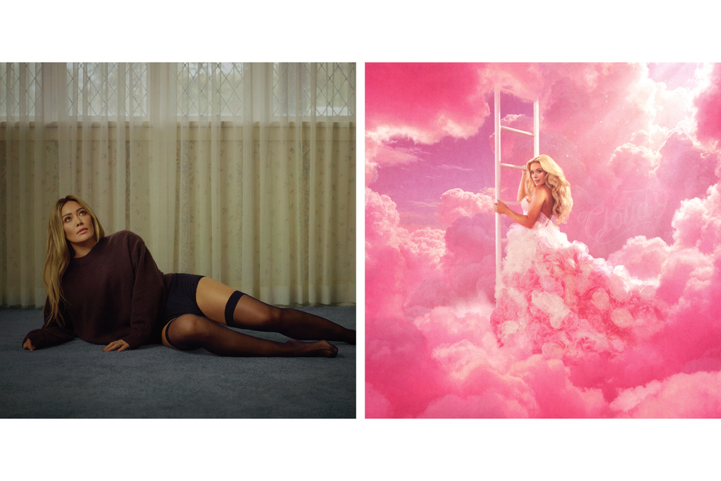 This combination of album cover images show “luck… or something” by Hilary Duff, left, and "Cloud 9" by Megan Moroney. (Atlantic via AP, left, and Sony via AP)