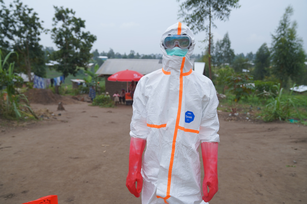 Wiza Bondele, a health worker on the prevention and control team, poses for a photograph in Ituri province, eastern Congo, Wednesday, Aug 5, 2026. (AP Photo/Dieudonne Dirole)