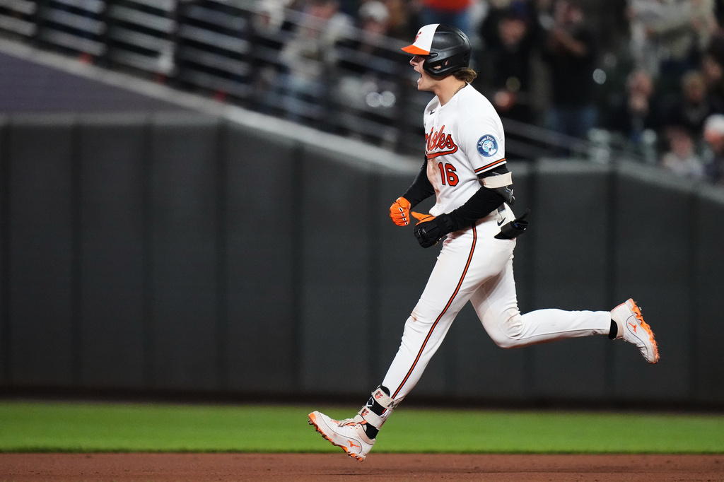 Baltimore Orioles' Coby Mayo rounds the bases after hitting a three-run home run during the seventh inning of a baseball game against the New York Yankees, Monday, May 11, 2026, in Baltimore. (AP Photo/Stephanie Scarbrough)