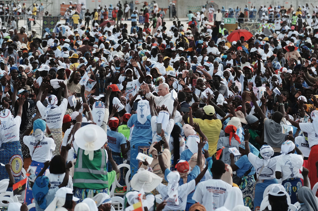 Pope Leo XIV arrives at the esplanade in front of the Sanctuary of Mama Muxima, in Muxima, Angola, Sunday, April 19, 2026. (AP Photo/Andrew Medichini)