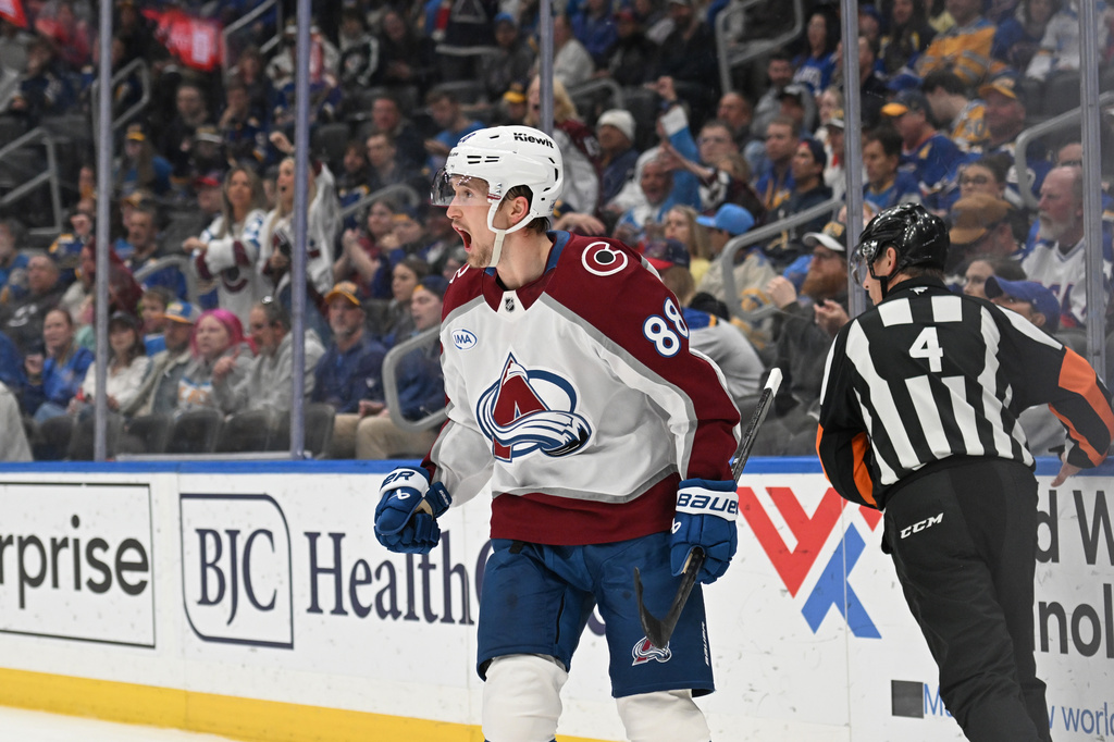 Colorado Avalanche's Martin Necas (88) celebrates after scoring against the St. Louis Blues during the first period of an NHL hockey game, Tuesday, April 7, 2026, in St. Louis. (AP Photo/Joe Puetz)