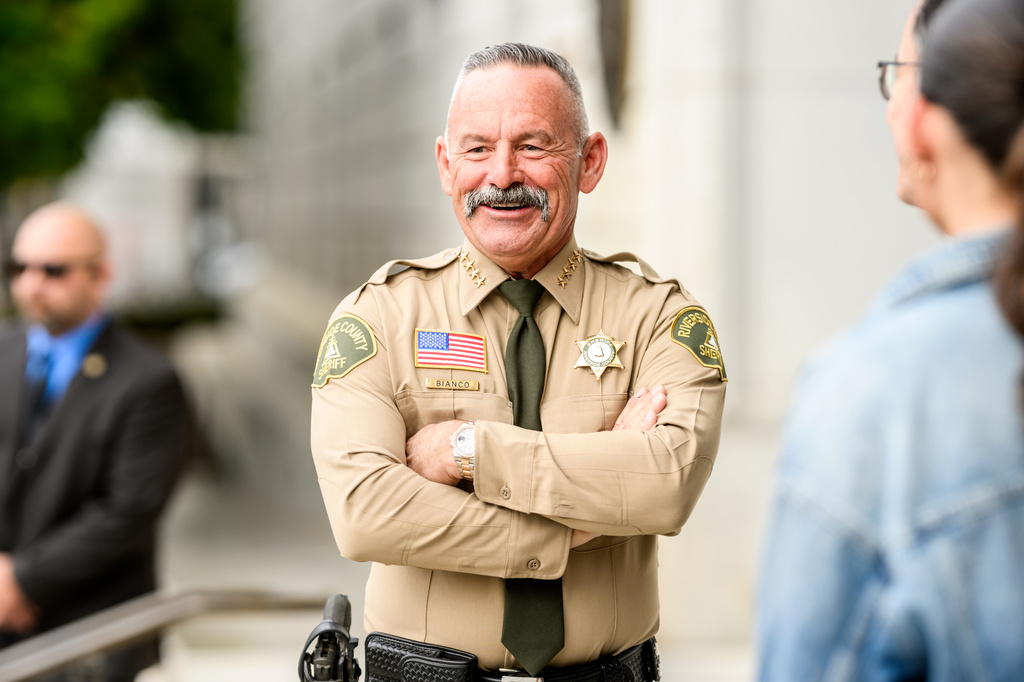 Riverside County Sheriff Chad Bianco arrives at the Supreme Court of California for a hearing about his seizure and recount of more than half a million 2025 election ballots on Monday, Aug. 24, 2026, in San Francisco. (AP Photo/Noah Berger)
