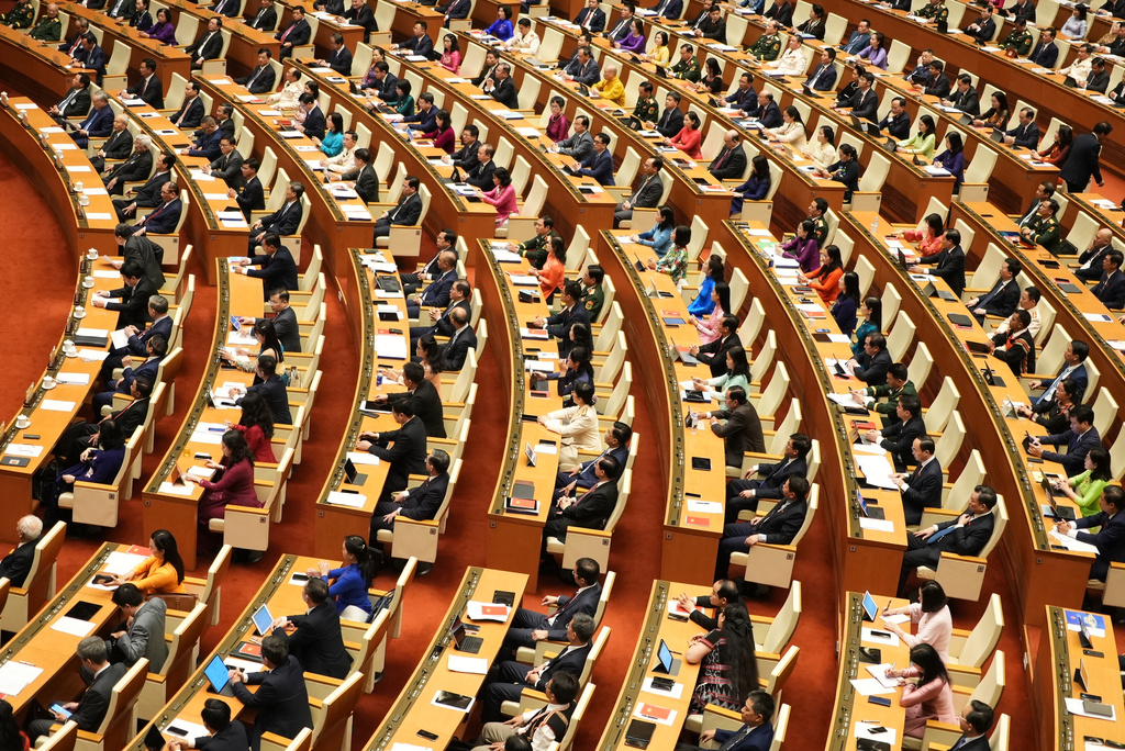 Delegates attend the opening session of Vietnam's National Assembly in Hanoi, Vietnam Monday, April 6, 2026. (AP Photo/Hau Dinh)