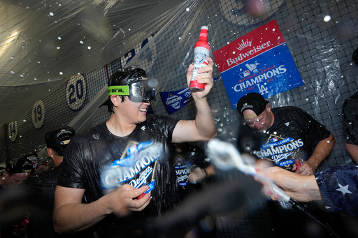 Los Angeles Dodgers pitcher Shohei Ohtani celebrates their win against the Milwaukee Brewers in baseball's National League Championship Series, Friday, Oct. 17, 2025, in Los Angeles.(AP Photo/Ashley Landis) Los Angeles Dodgers pitcher Shohei Ohtani celebrates their win against the Milwaukee Brewers in baseball's National League Championship Series, Friday, Oct. 17, 2025, in Los Angeles.(AP Photo/Ashley Landis)