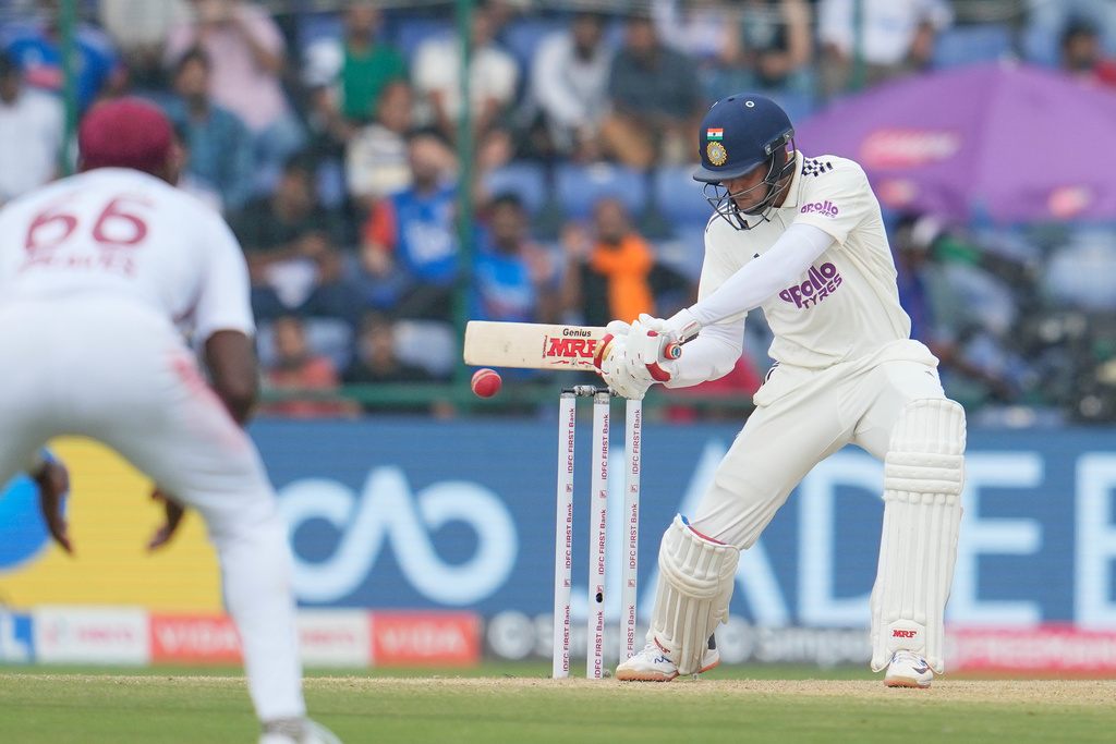India's captain Shubman Gill plays a shot on the second day of the second cricket test match between India and West Indies at the Arun Jaitley Stadium in New Delhi, India, Saturday, Oct.11, 2025. (AP Photo/Manish Swarup)