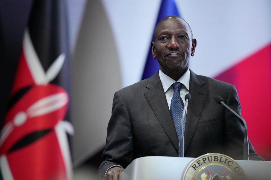 Kenya's President William Ruto speaks during a joint press conference with France's President Emmanuel Macron at State House in Nairobi, Kenya, Sunday, May 10, 2026. (AP Photo/Brian Inganga)