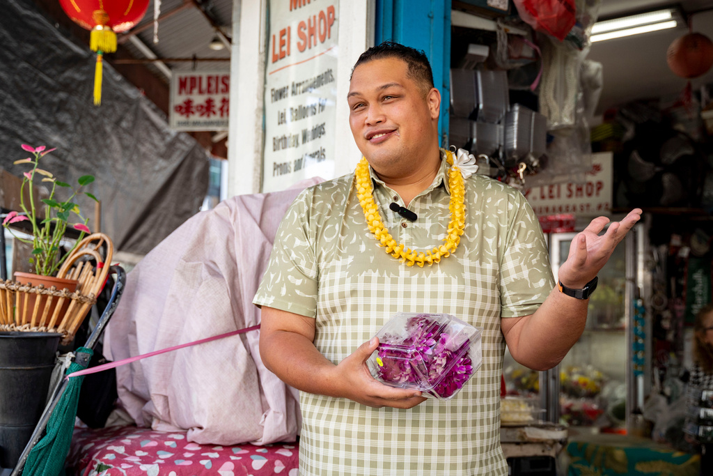 State Rep. Darius Kila, D-Nanakuli, is pictured during an interview at M.P. Lei Shop in Chinatown, Thursday, Feb. 26, 2026, in Honolulu. (AP Photo/Mengshin Lin)