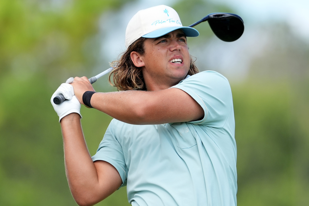 Garrick Higgo, of South Africa, watches his drive from the No. 1 tee during the fourth round of the Sanderson Farms Championship golf tournament, Sunday, Oct. 5, 2025, in Jackson, Miss. (AP Photo/Rogelio V. Solis)