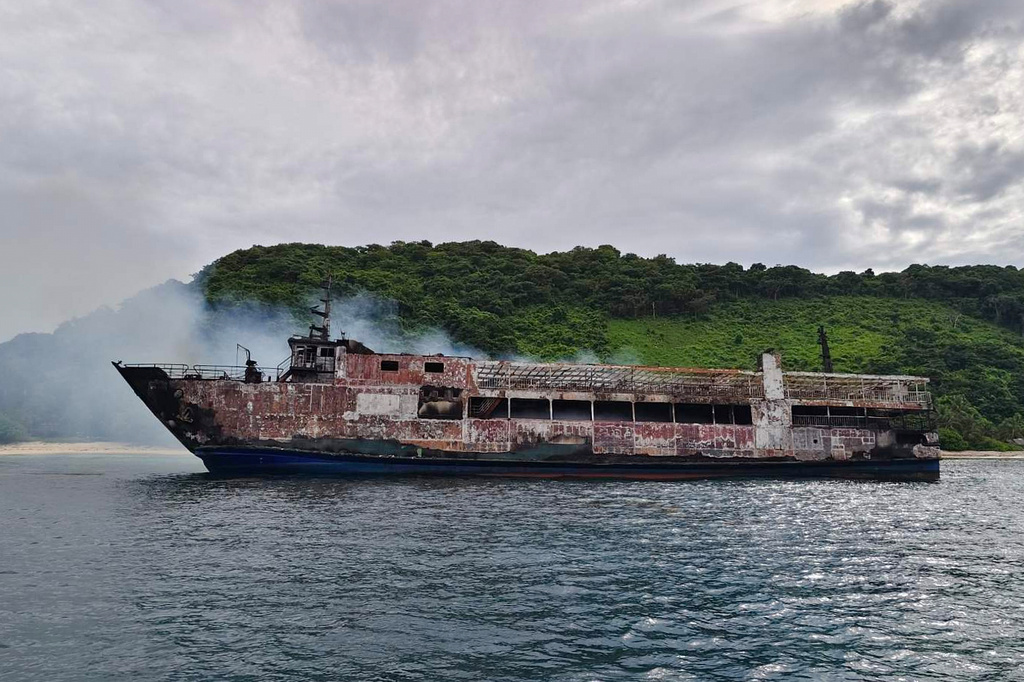 This photo provided by the Philippine Coast Guard, shows remains of ferry MV June Aster that caught fire off Palawan province, western Philippines on Thursday Sept. 10, 2026. (Philippine Coast Guard via AP)