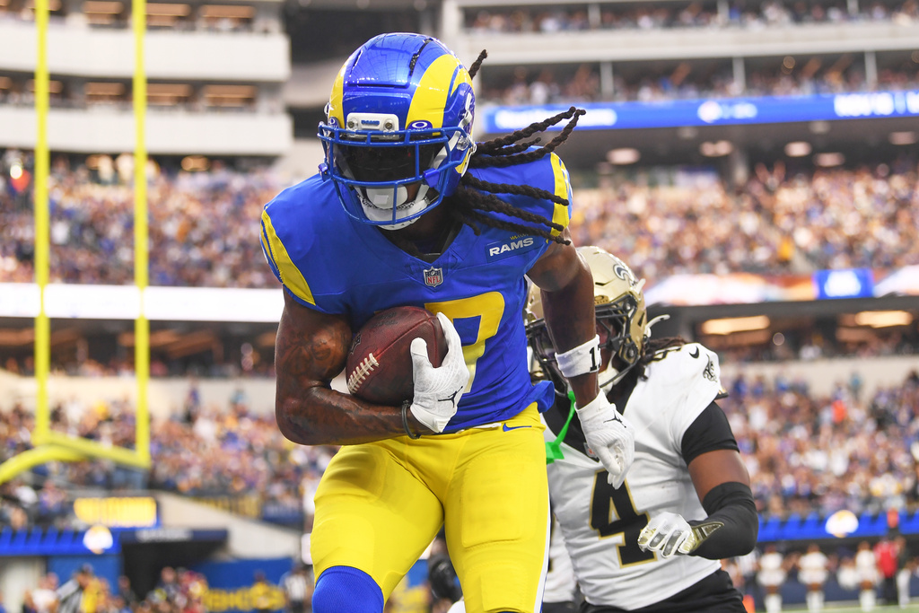 Los Angeles Rams wide receiver Davante Adams (17) pulls in a touchdown reception against New Orleans Saints cornerback Kool-Aid McKinstry (4) in the second half of an NFL football game Sunday, Nov. 2, 2025, in Inglewood, Calif. (AP Photo/Katie Chin)