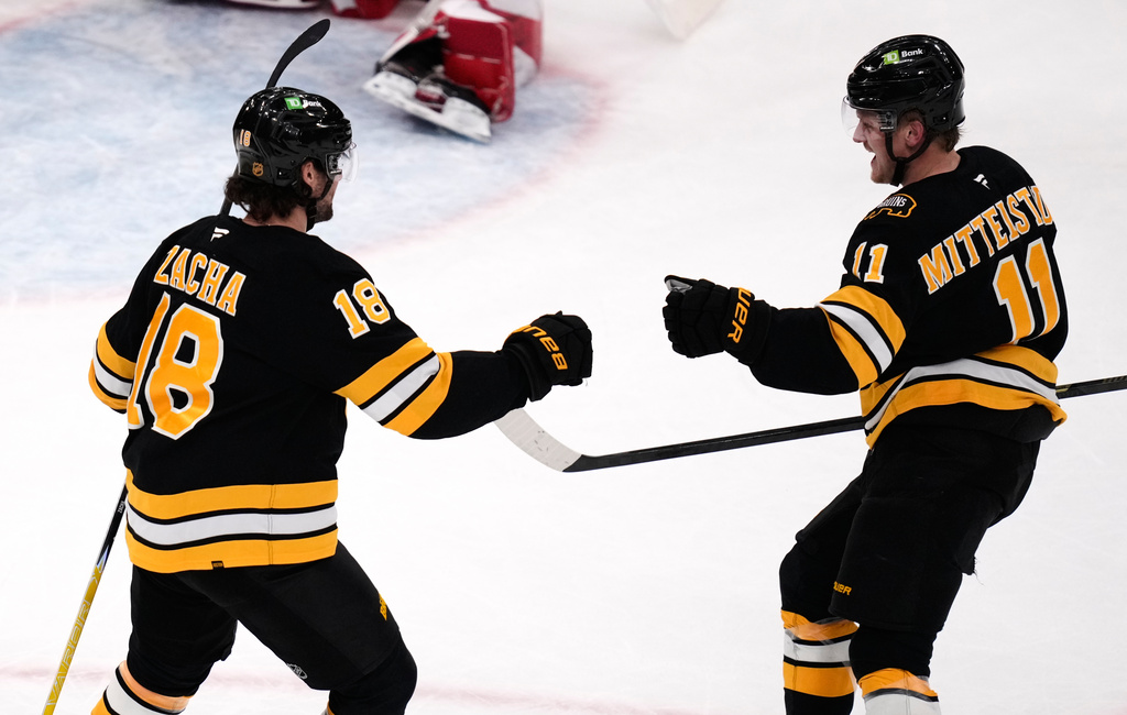 Boston Bruins center Pavel Zacha, left, is congratulated by Casey Mittelstadt (11) after his goal against Detroit Red Wings goaltender Cam Talbot during the second period of an NHL hockey game, Tuesday, Jan. 13, 2026, in Boston. (AP Photo/Charles Krupa)